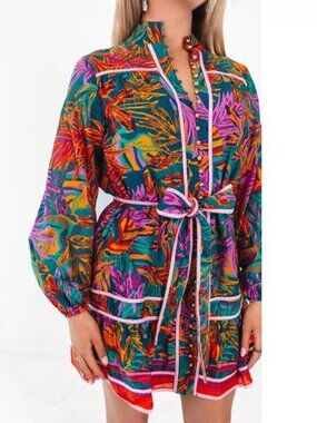 J.Marie Multicolor Tropical Long Sleeve Button Front Dress Size XL